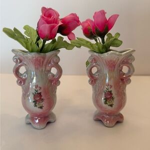 Vintage small ceramic bud vases lusterware finish pink and floral detailing